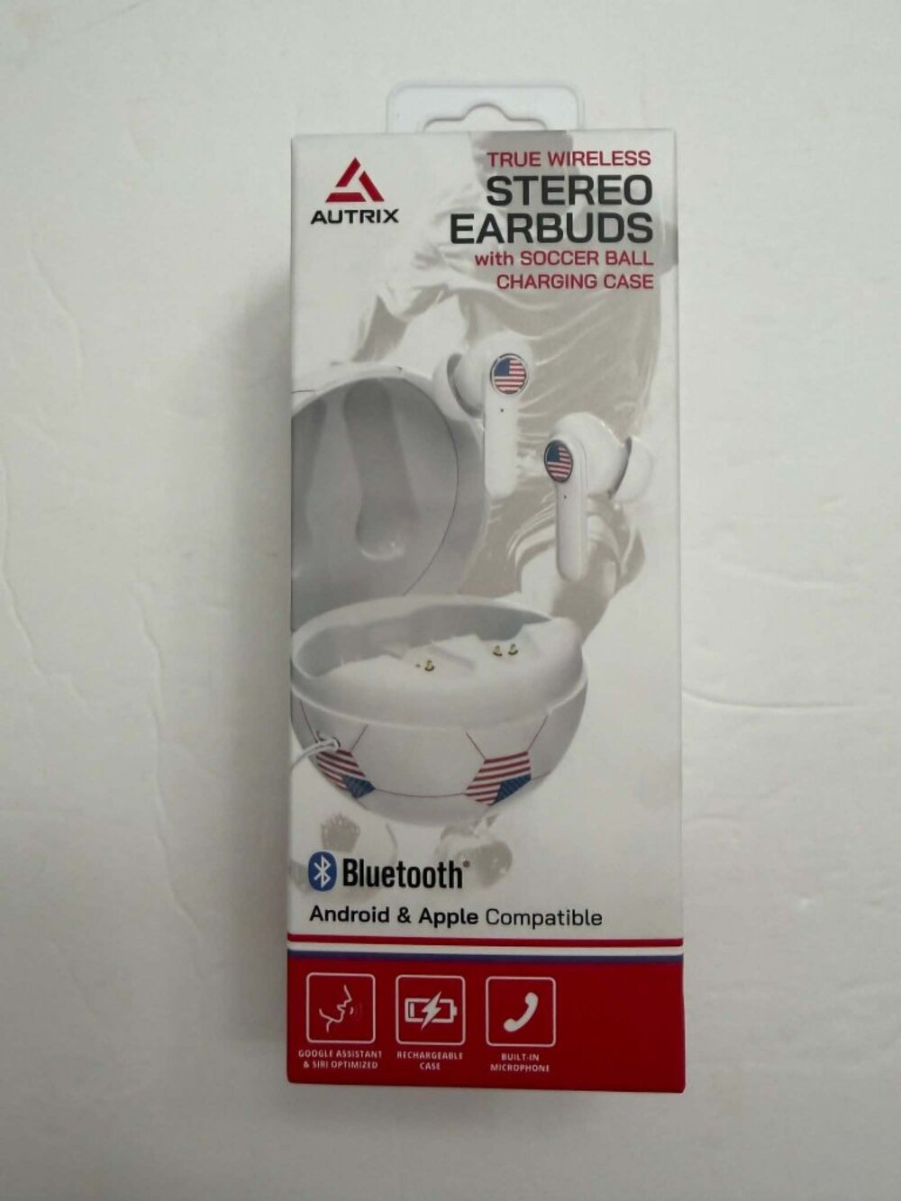Wireless (30ft range) earbuds in white with American flag detail